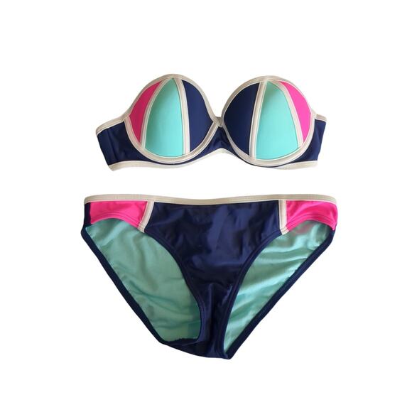 Arizona Woman's Size Sm/Md 2 Piece Swimsuit Bikini Blue Pink Teal White - Picture 1 of 4